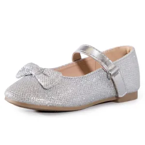 Kids Dress Shoes-Silver/Purple Sequined Mary Jane with Bow Tie