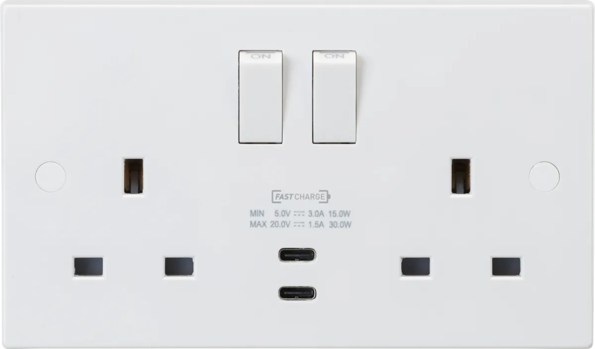 Knightsbridge SN9930 White Square Edge 13A 2G DP Switched Socket   2xUSB-C 20V DC 1.5A (Max. 30W)