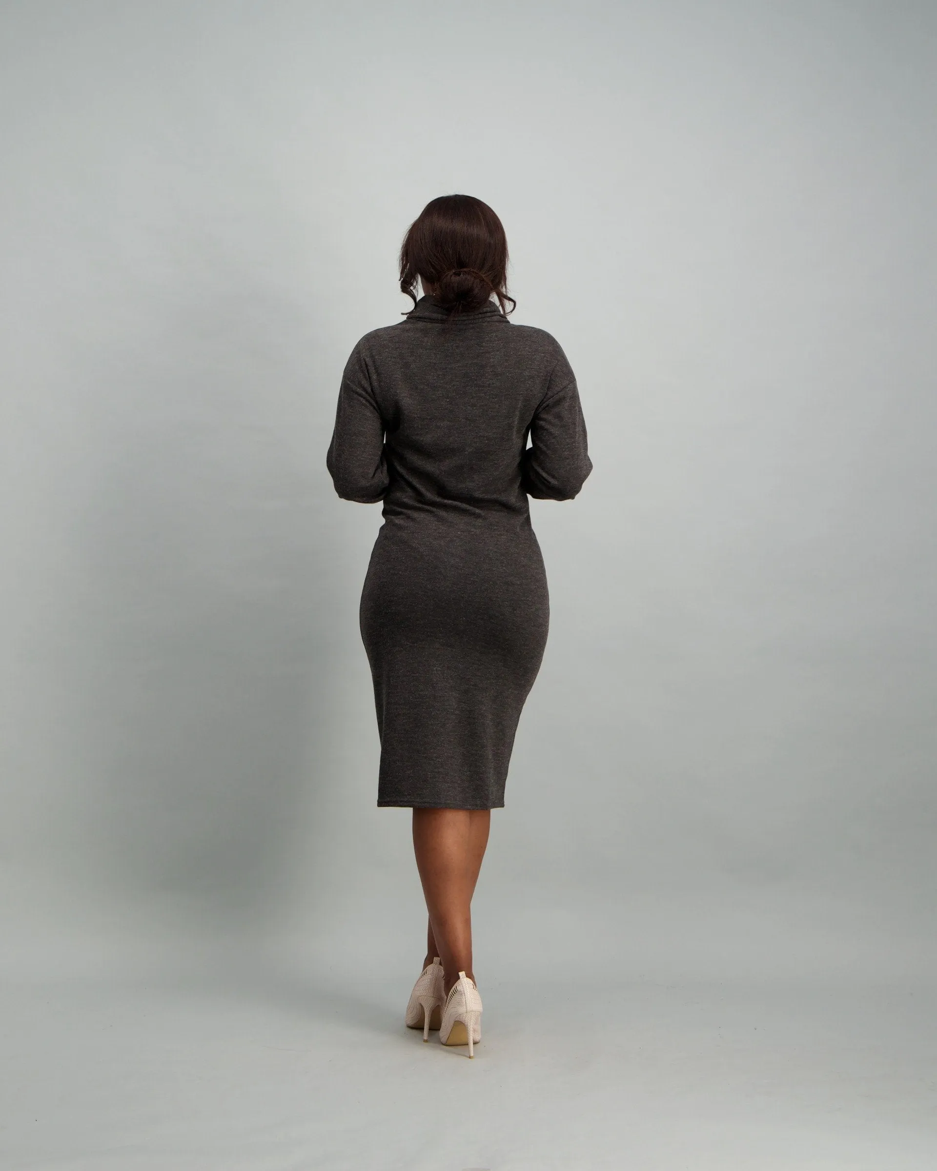 Ladies Slouchy Cut n Sew Polo-neck Dress - Charcoal
