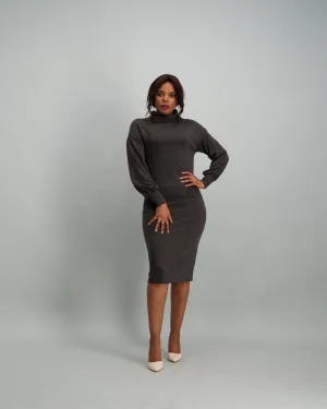 Ladies Slouchy Cut n Sew Polo-neck Dress - Charcoal
