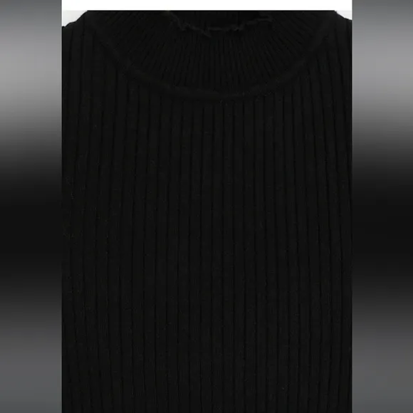LBD little black dress with short sleeves, high neck, and ribbed bodycon