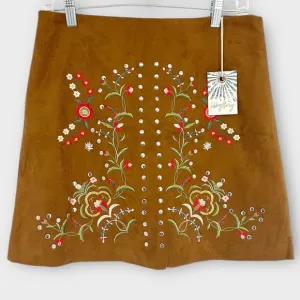 Libby Story Skirt size‎ L NWT Embroidered Floral Faux Leather Studded