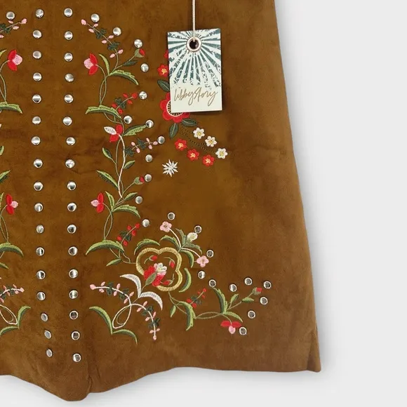 Libby Story Skirt size‎ L NWT Embroidered Floral Faux Leather Studded