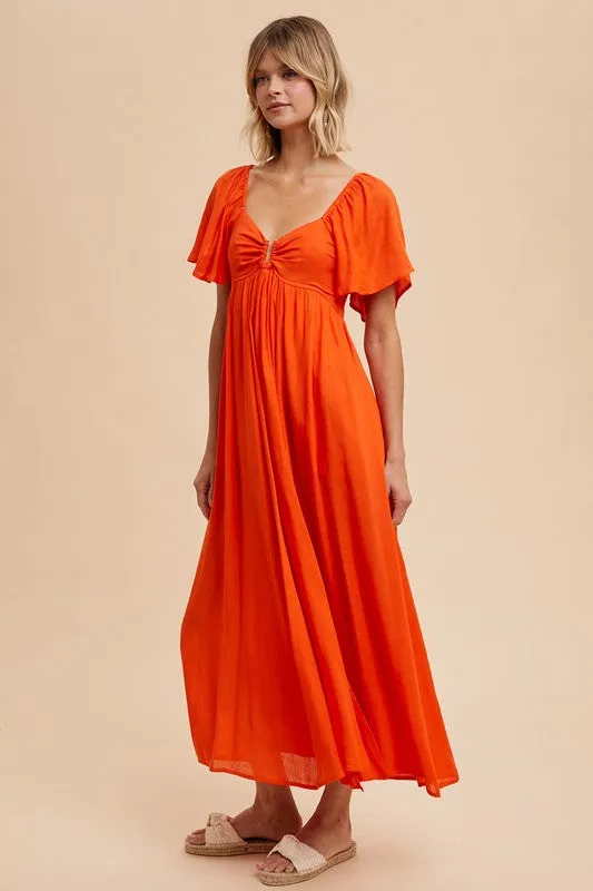 Linen orange red flutter sleeve dress