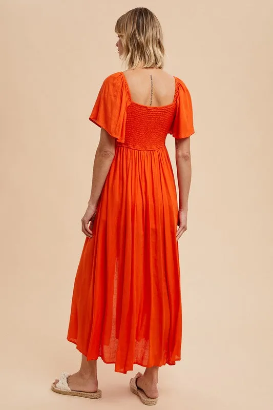 Linen orange red flutter sleeve dress