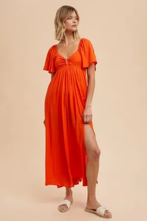 Linen orange red flutter sleeve dress