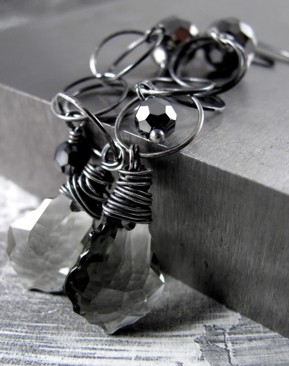 Long Black Diamond Crystal Earrings with Oxidized Chain