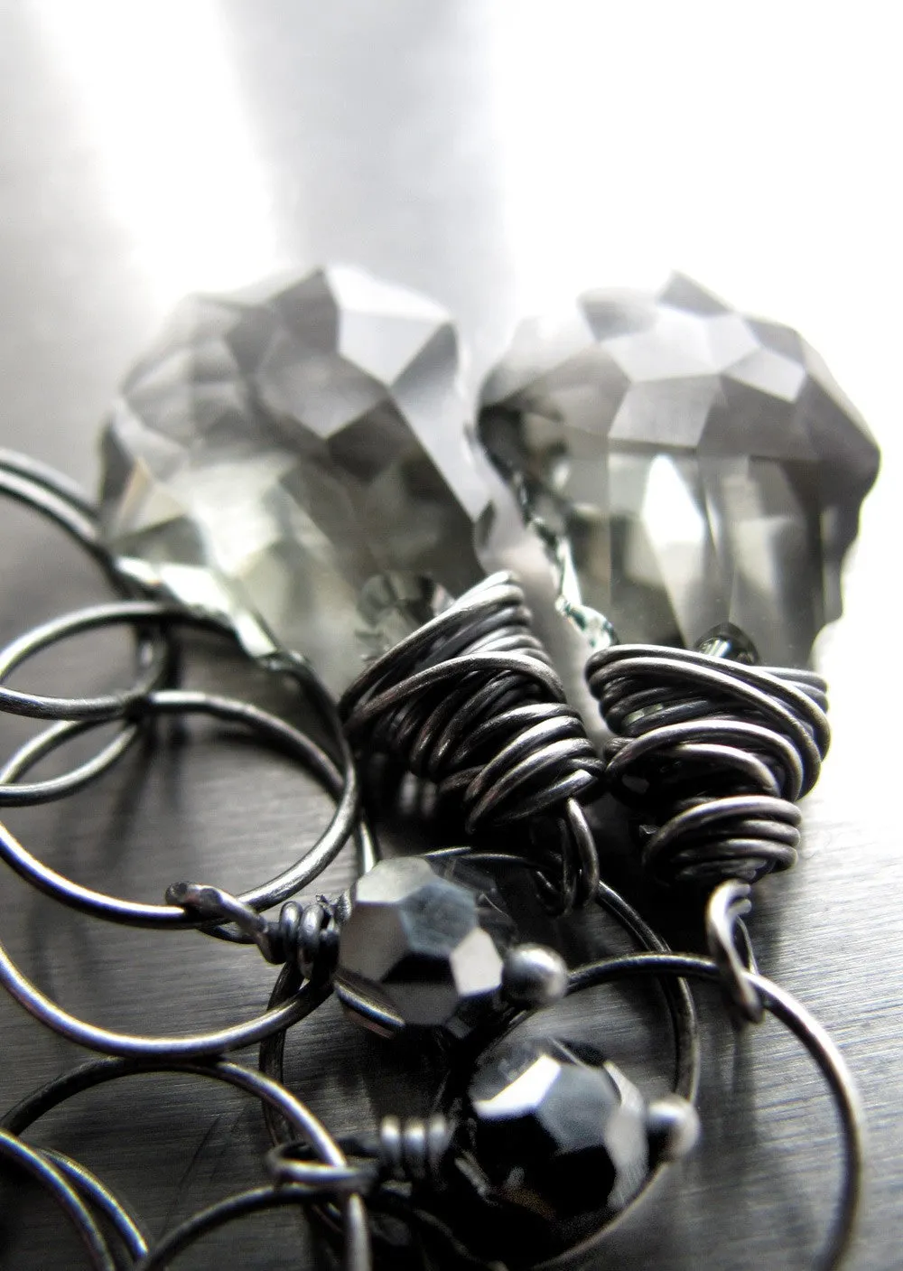 Long Black Diamond Crystal Earrings with Oxidized Chain