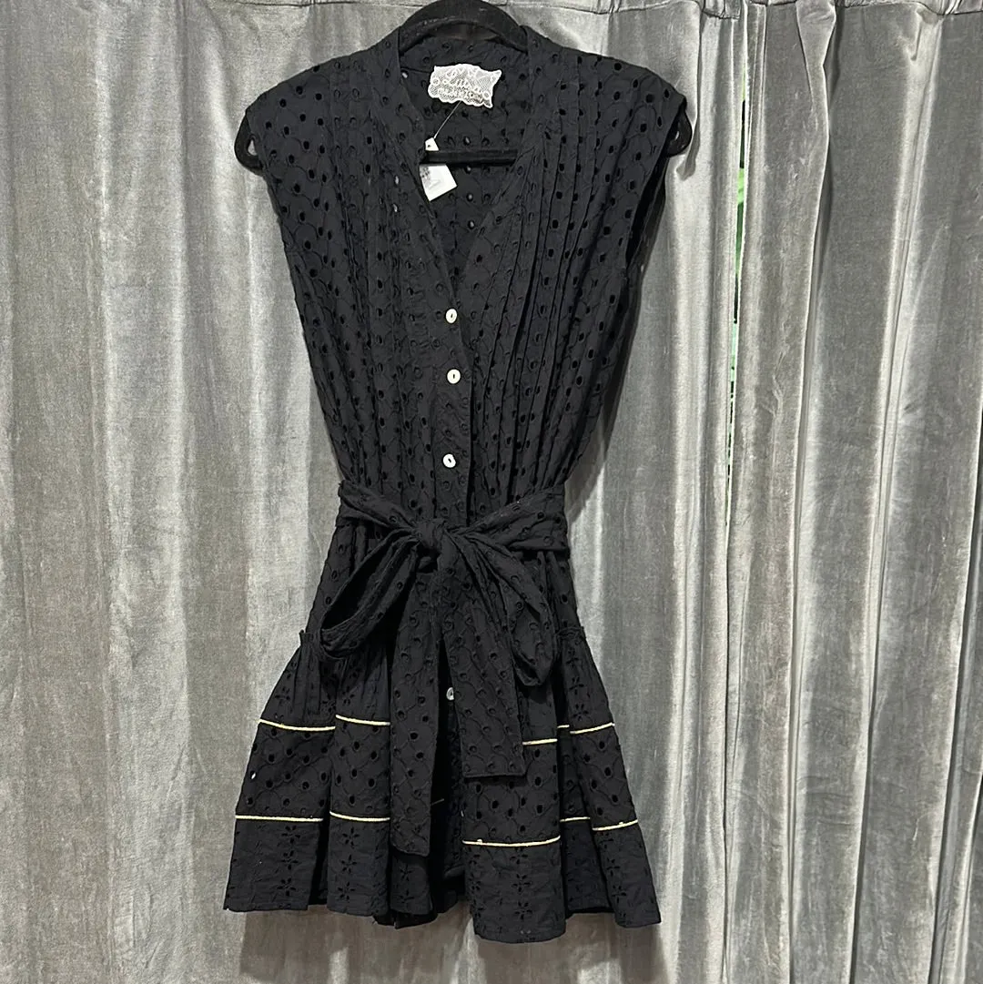 Louisa Black Cotton Cutout Button Down Dress with Gold Accent