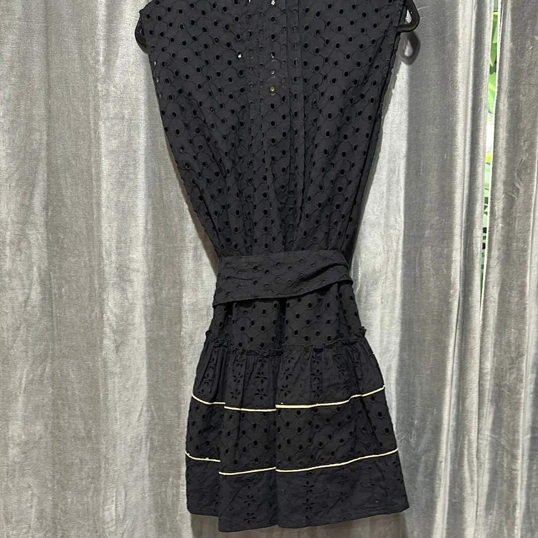 Louisa Black Cotton Cutout Button Down Dress with Gold Accent