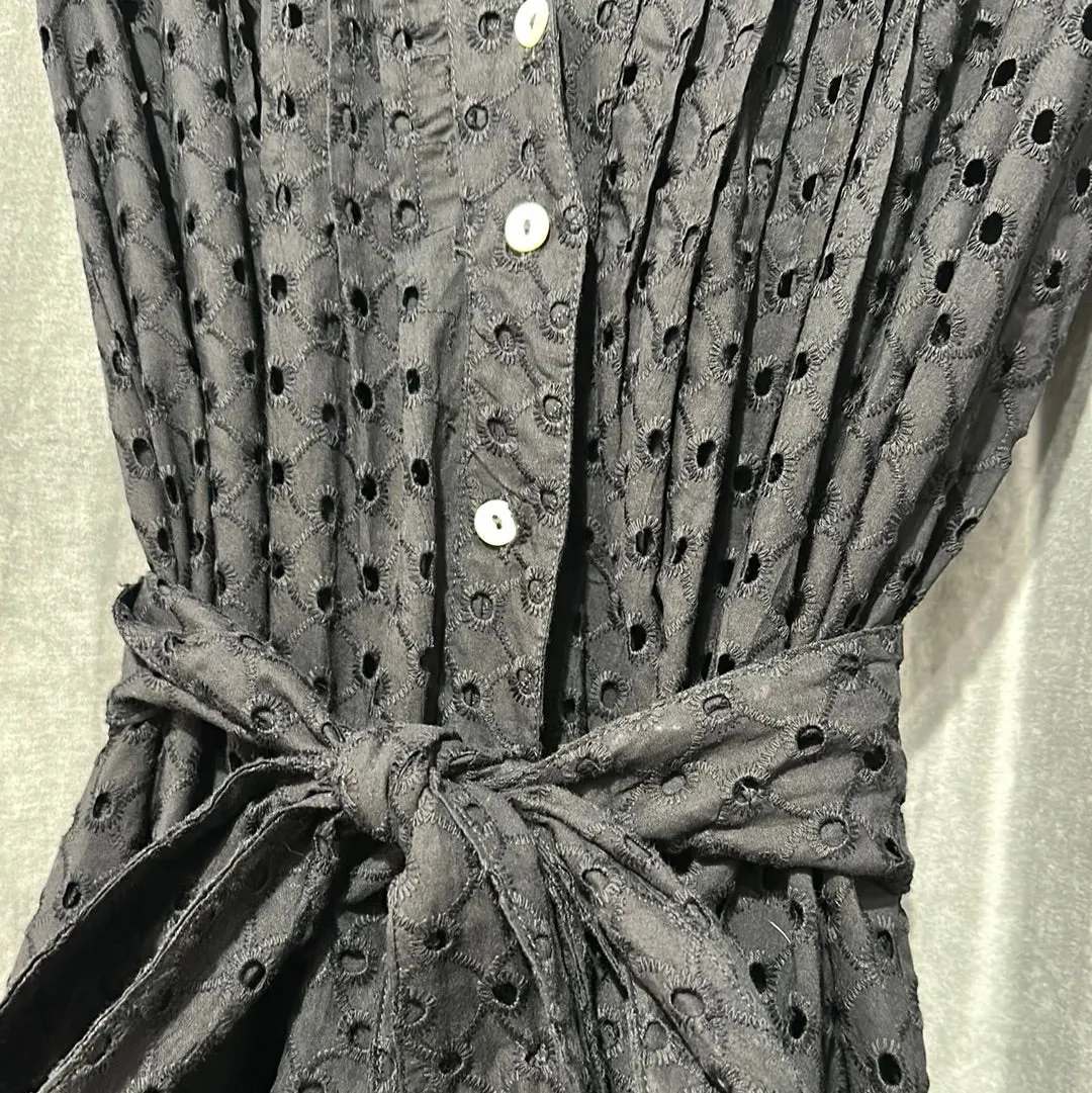Louisa Black Cotton Cutout Button Down Dress with Gold Accent