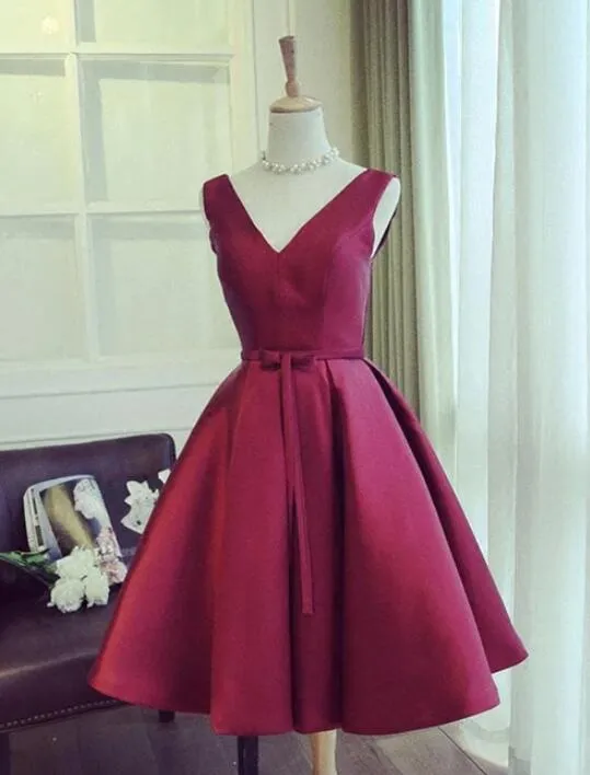 Lovely Wine Red Satin Knee Length Party Dress, Burgundy Homecoming Dress