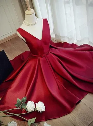 Lovely Wine Red Satin Knee Length Party Dress, Burgundy Homecoming Dress