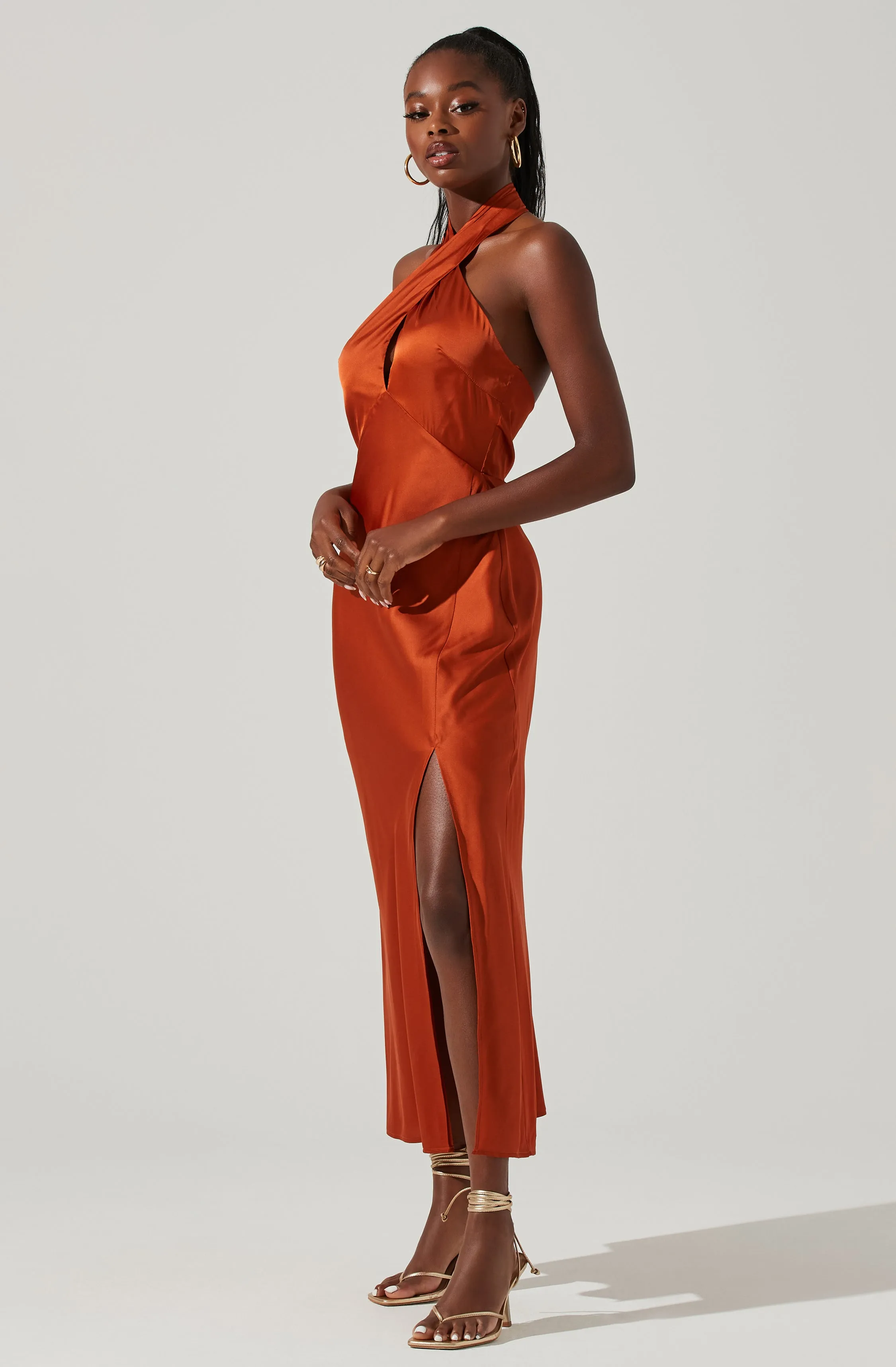 Marissa Satin Halter Neck Midi Dress