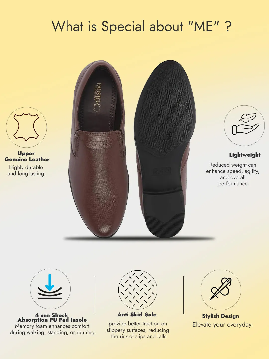 Men Brown Genuine Leather Broad Feet Formal Slip On Shoe|Work Wear|Comfort for Office|Anti Skid Sole