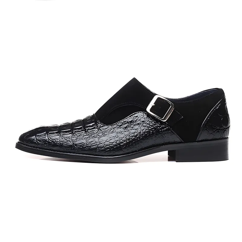 Men’s Crocodile-Embossed Leather & Suede Monk Strap Loafers with Metallic Buckle