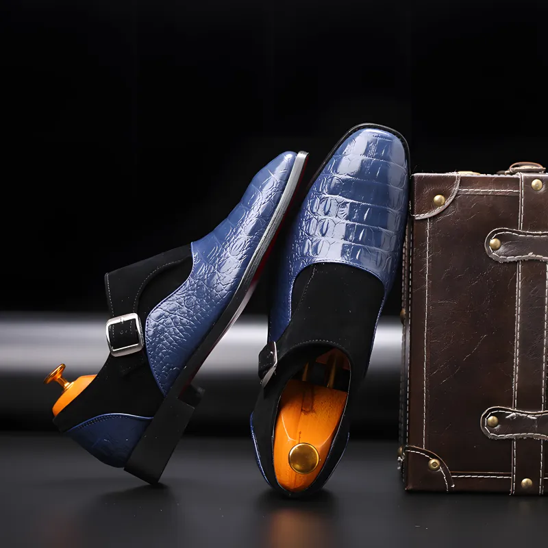 Men’s Crocodile-Embossed Leather & Suede Monk Strap Loafers with Metallic Buckle