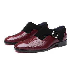 Men’s Crocodile-Embossed Leather & Suede Monk Strap Loafers with Metallic Buckle