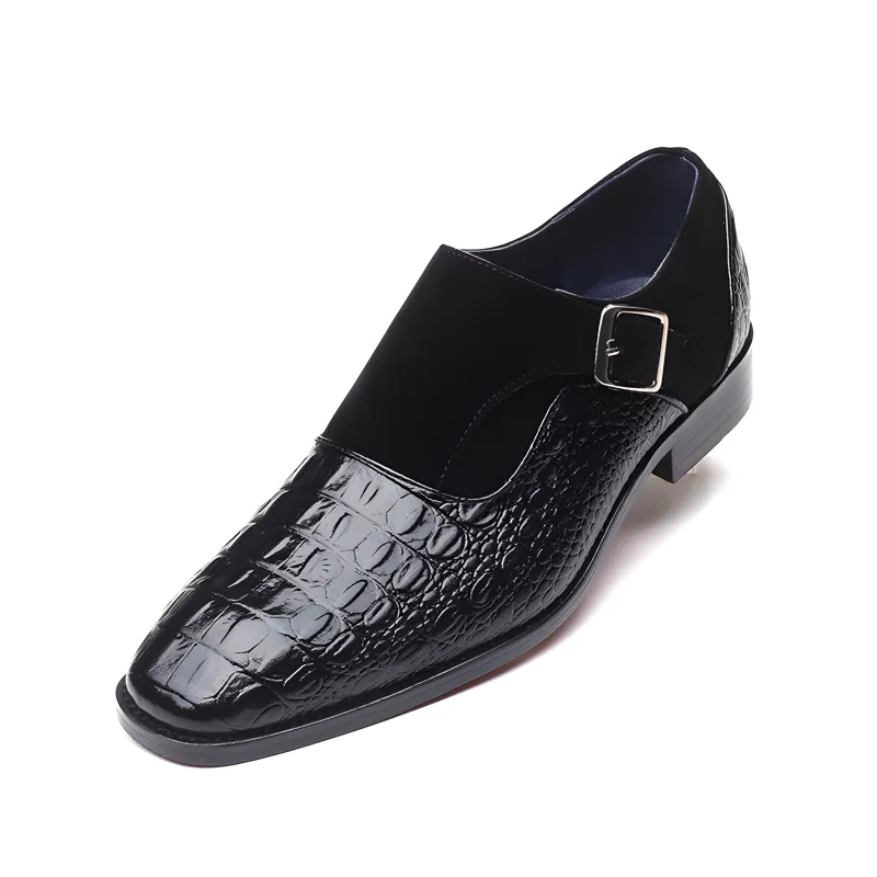 Men’s Crocodile-Embossed Leather & Suede Monk Strap Loafers with Metallic Buckle