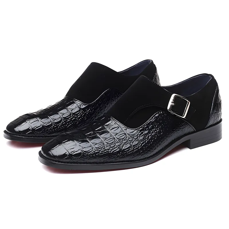 Men’s Crocodile-Embossed Leather & Suede Monk Strap Loafers with Metallic Buckle