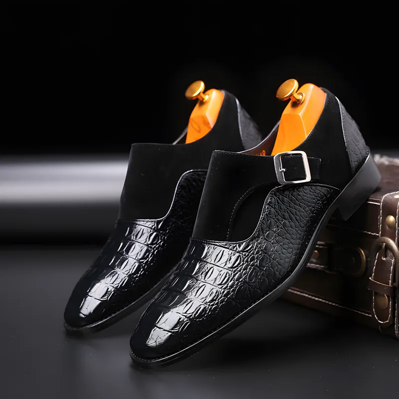 Men’s Crocodile-Embossed Leather & Suede Monk Strap Loafers with Metallic Buckle