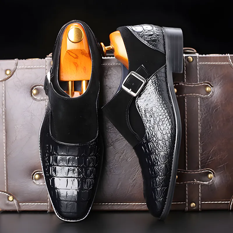 Men’s Crocodile-Embossed Leather & Suede Monk Strap Loafers with Metallic Buckle