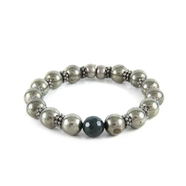 Mens Double Silver Barrel Bead Mens Bracelet on Black Leather