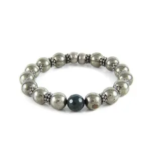 Mens Double Silver Barrel Bead Mens Bracelet on Black Leather