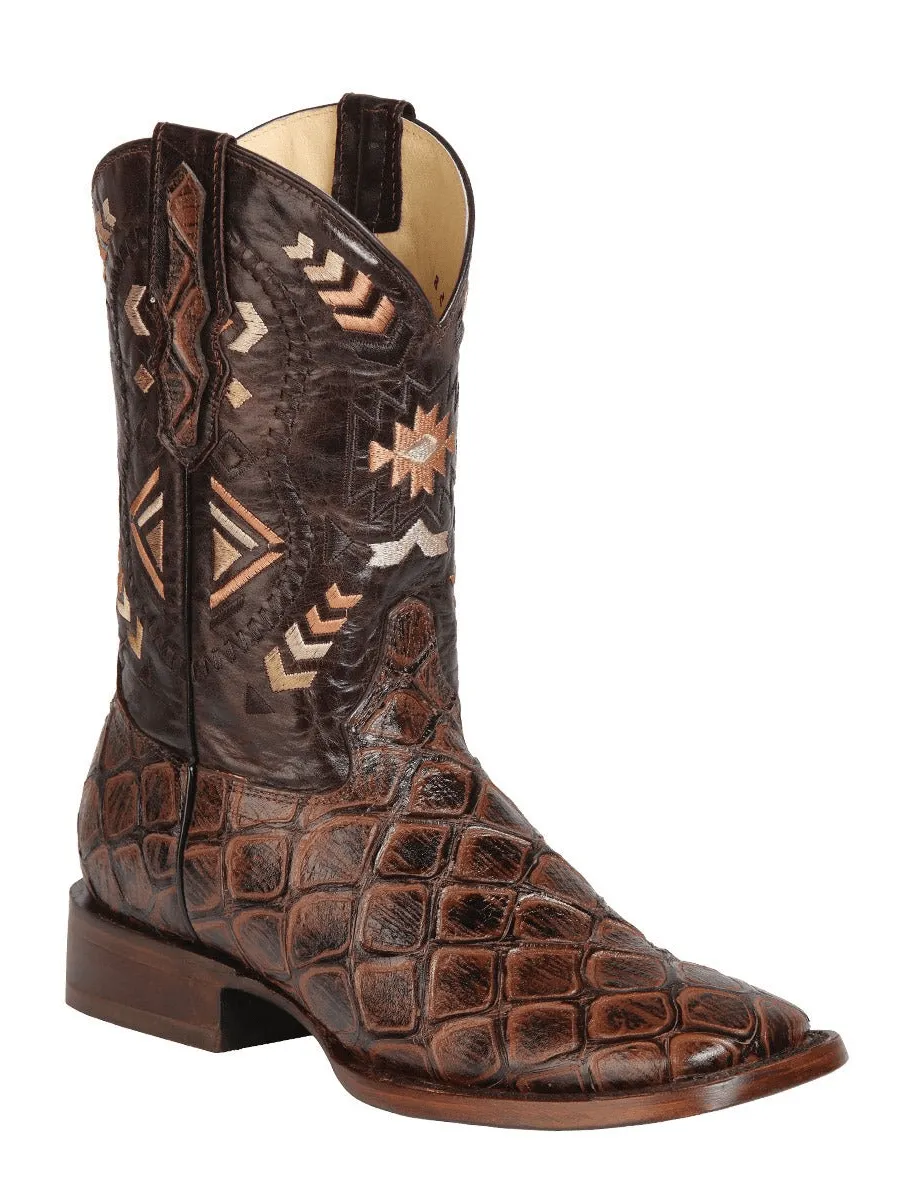 Men's Imit. Monster Fish Leather Western Cowboy Boots 'El General' Brown 51246
