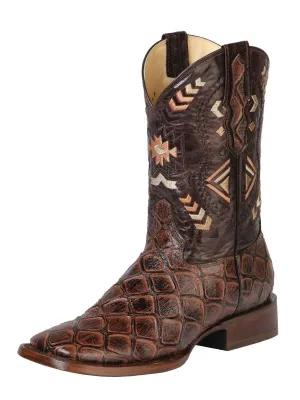 Men's Imit. Monster Fish Leather Western Cowboy Boots 'El General' Brown 51246
