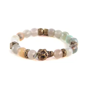 Mens Red Large Faceted Marble and Metal Accent Bead with Skull Charm Stretch Bracelet