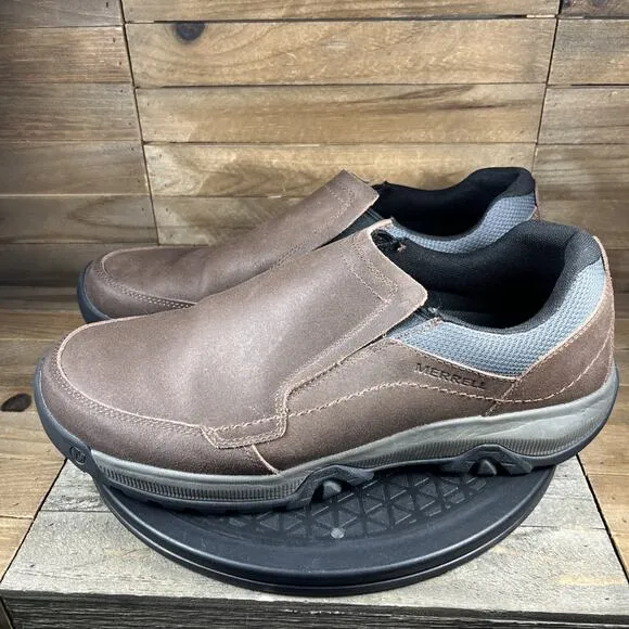 Merrell Mens Size 12 Wide Anvik Moc Slip-On Brown Solid Leather Casua Shoes
