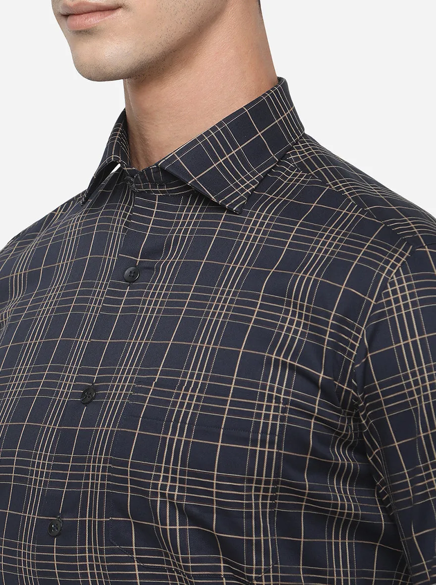 Navy Blue Checked Slim Fit Formal Shirt | Metal