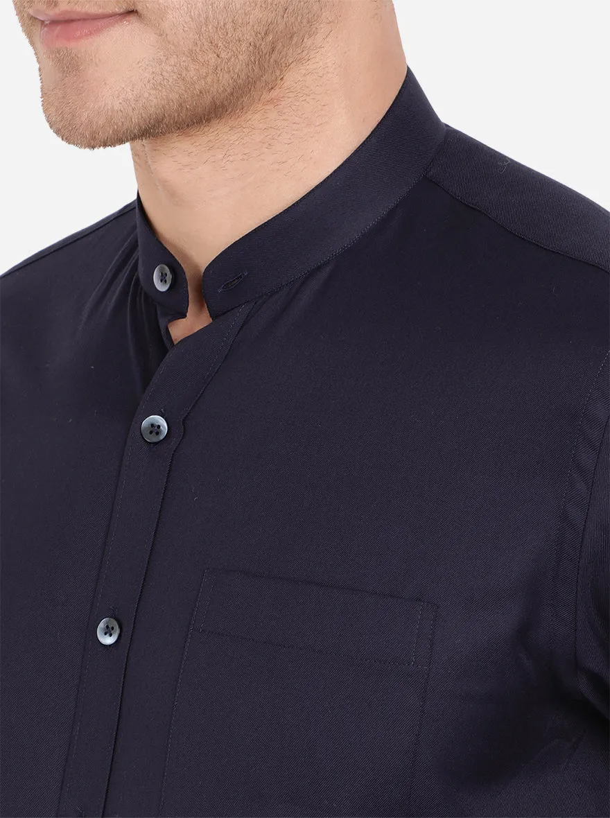 Navy Blue Solid Slim Fit Formal Shirt | Metal