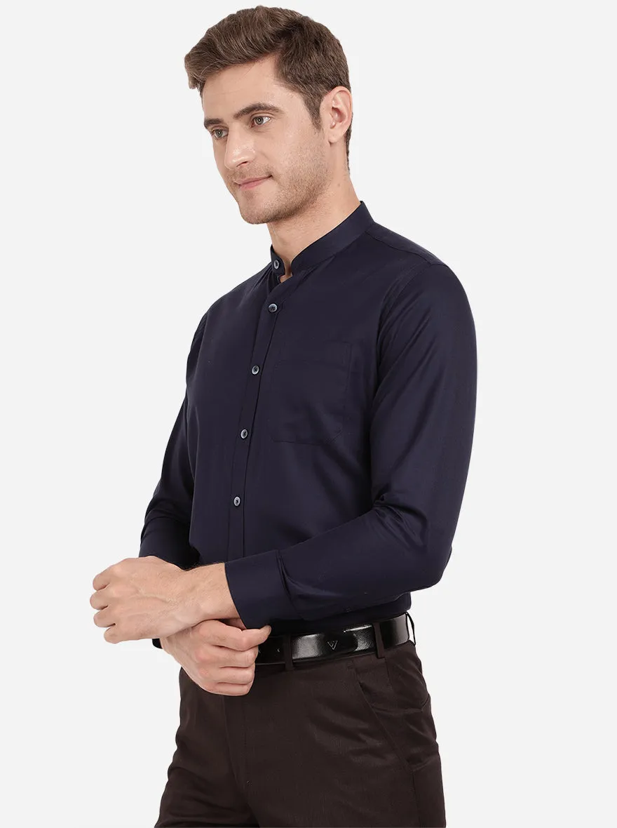Navy Blue Solid Slim Fit Formal Shirt | Metal
