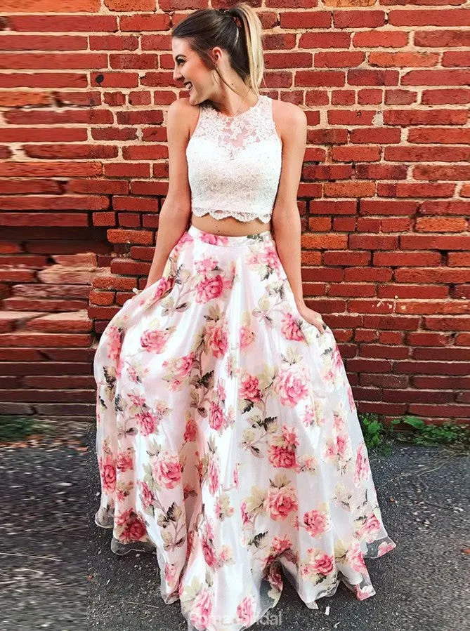 Newest Floor-length Two Piece lace Appliques evening dresses, Printed Round Neck long prom dresses , PD0526