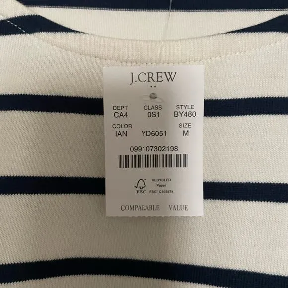 NWT J. CREW Factory Striped Button Shoulder Mini Dress Navy Blue Cream Medium