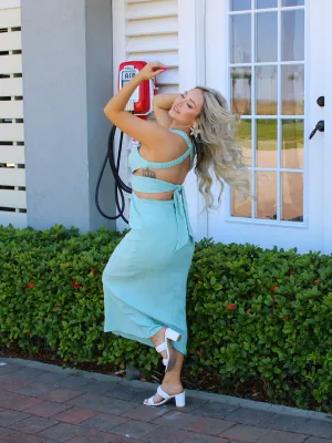 On Island Time Maxi Dress Tie Back with Open Sides, Sage