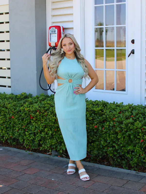 On Island Time Maxi Dress Tie Back with Open Sides, Sage