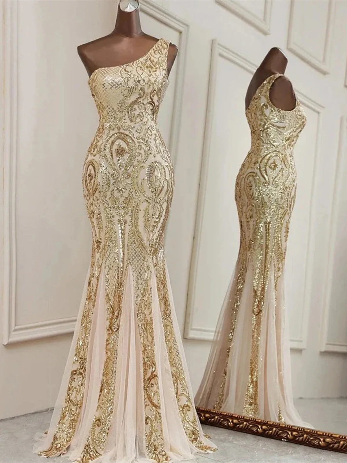 One Shoulder Sequins Mermaid Long Party Dress, Light Champagne Prom Dress Evening Dress