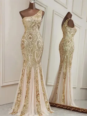 One Shoulder Sequins Mermaid Long Party Dress, Light Champagne Prom Dress Evening Dress