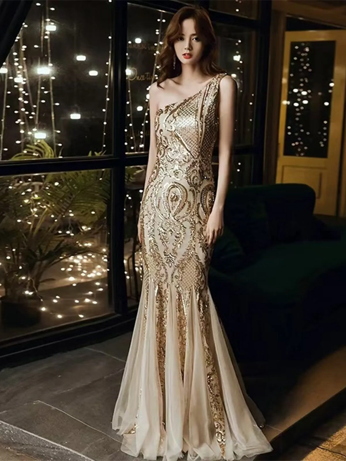 One Shoulder Sequins Mermaid Long Party Dress, Light Champagne Prom Dress Evening Dress
