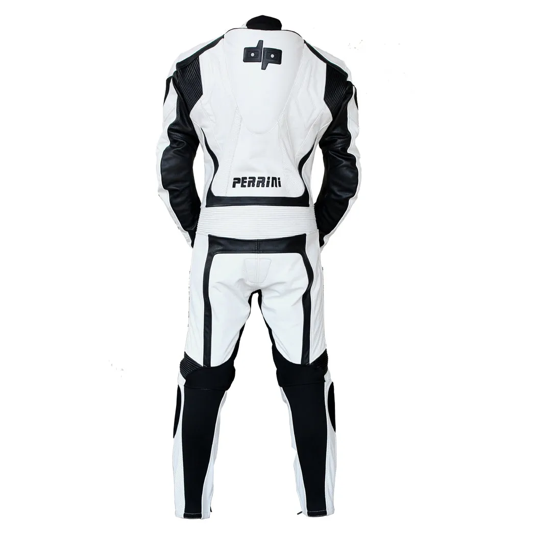 Perrini 1 PC White & Black Genuine Cowhide Leather Motorcycle Riders Racing Suit With Hump Safety Pad