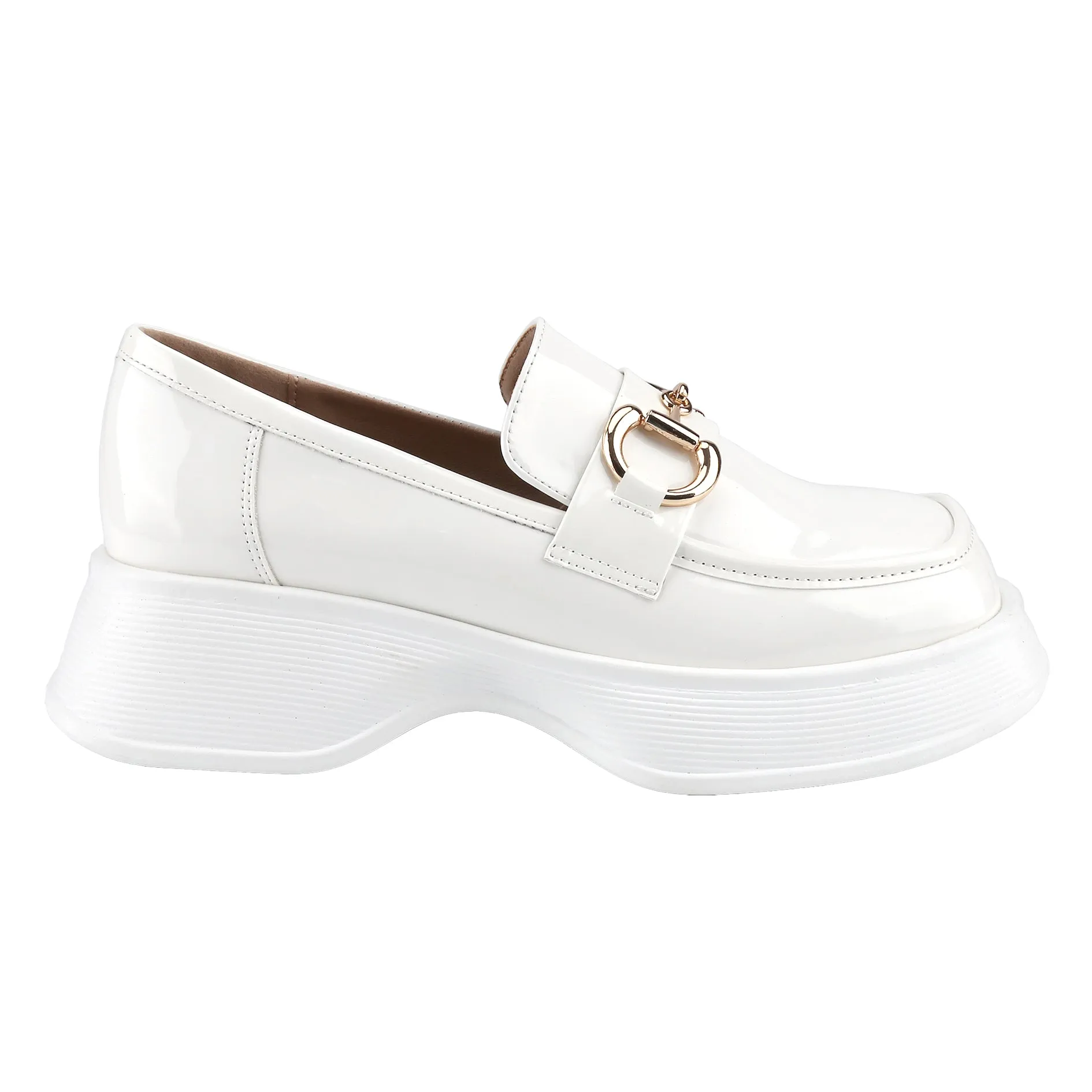 Platform Loafers Slip On Office Shoes with Gold Buckle