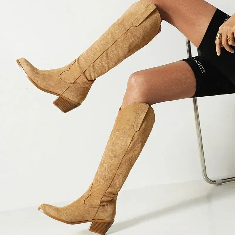 Pointed Toe Knight Boots for Women Brown PU Leather Knee High Boots Woman  Autumn Winter Western Cowboy Long