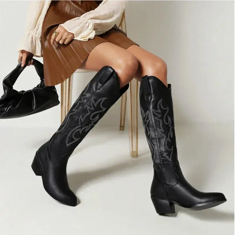 Pointed Toe Knight Boots for Women Brown PU Leather Knee High Boots Woman  Autumn Winter Western Cowboy Long