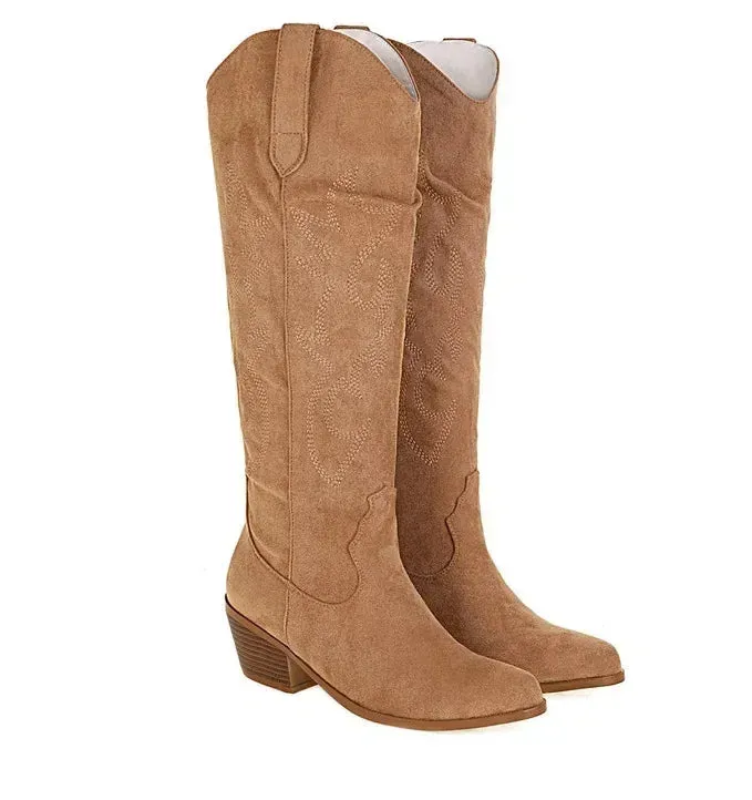 Pointed Toe Knight Boots for Women Brown PU Leather Knee High Boots Woman  Autumn Winter Western Cowboy Long