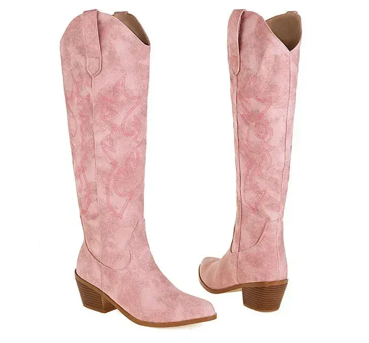 Pointed Toe Knight Boots for Women Brown PU Leather Knee High Boots Woman  Autumn Winter Western Cowboy Long