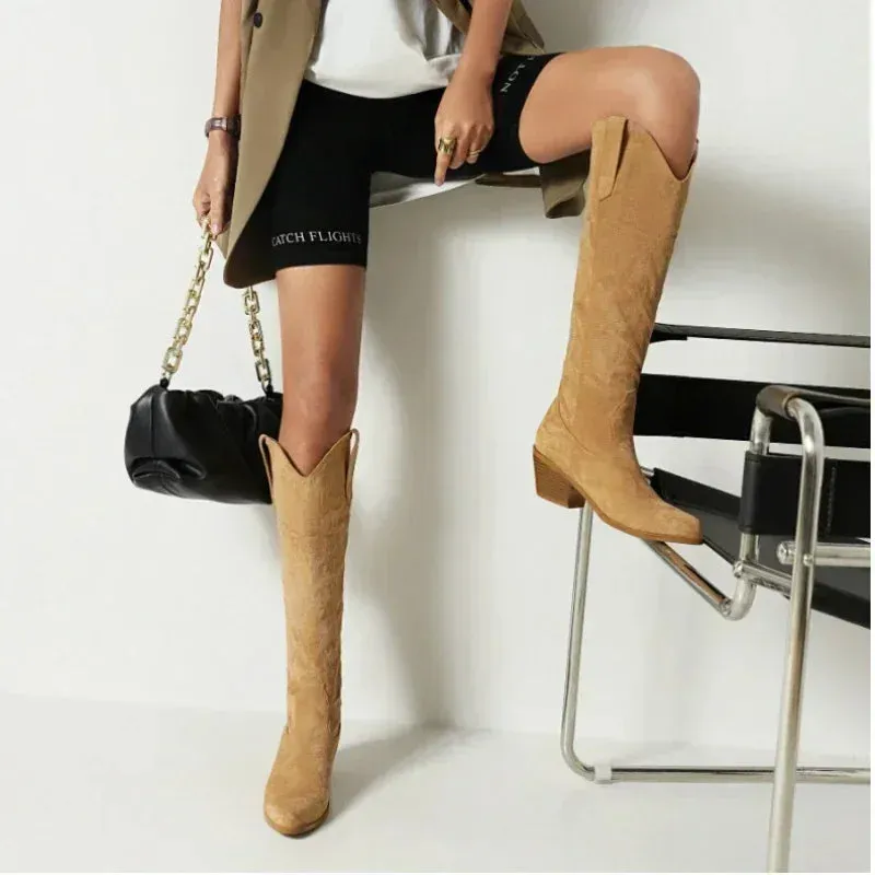 Pointed Toe Knight Boots for Women Brown PU Leather Knee High Boots Woman  Autumn Winter Western Cowboy Long
