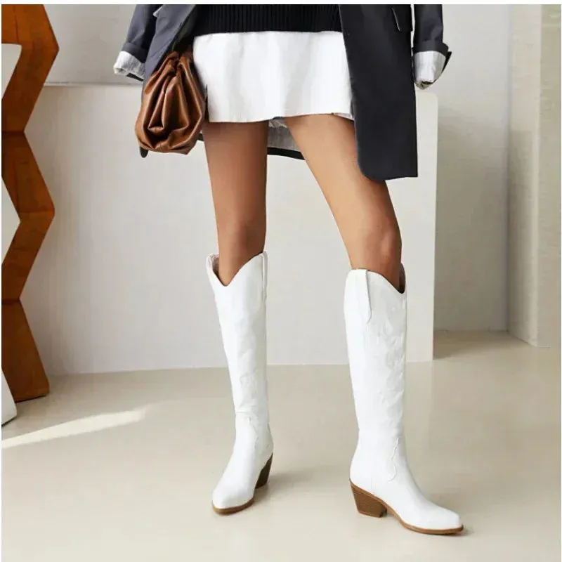 Pointed Toe Knight Boots for Women Brown PU Leather Knee High Boots Woman  Autumn Winter Western Cowboy Long